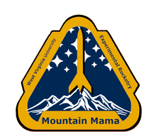 Triangular Mission Patch with gold border of a blue background with gold rocket flying above mountains entitled "West Virginia University Experimental Rocketry - Mountain Mama"